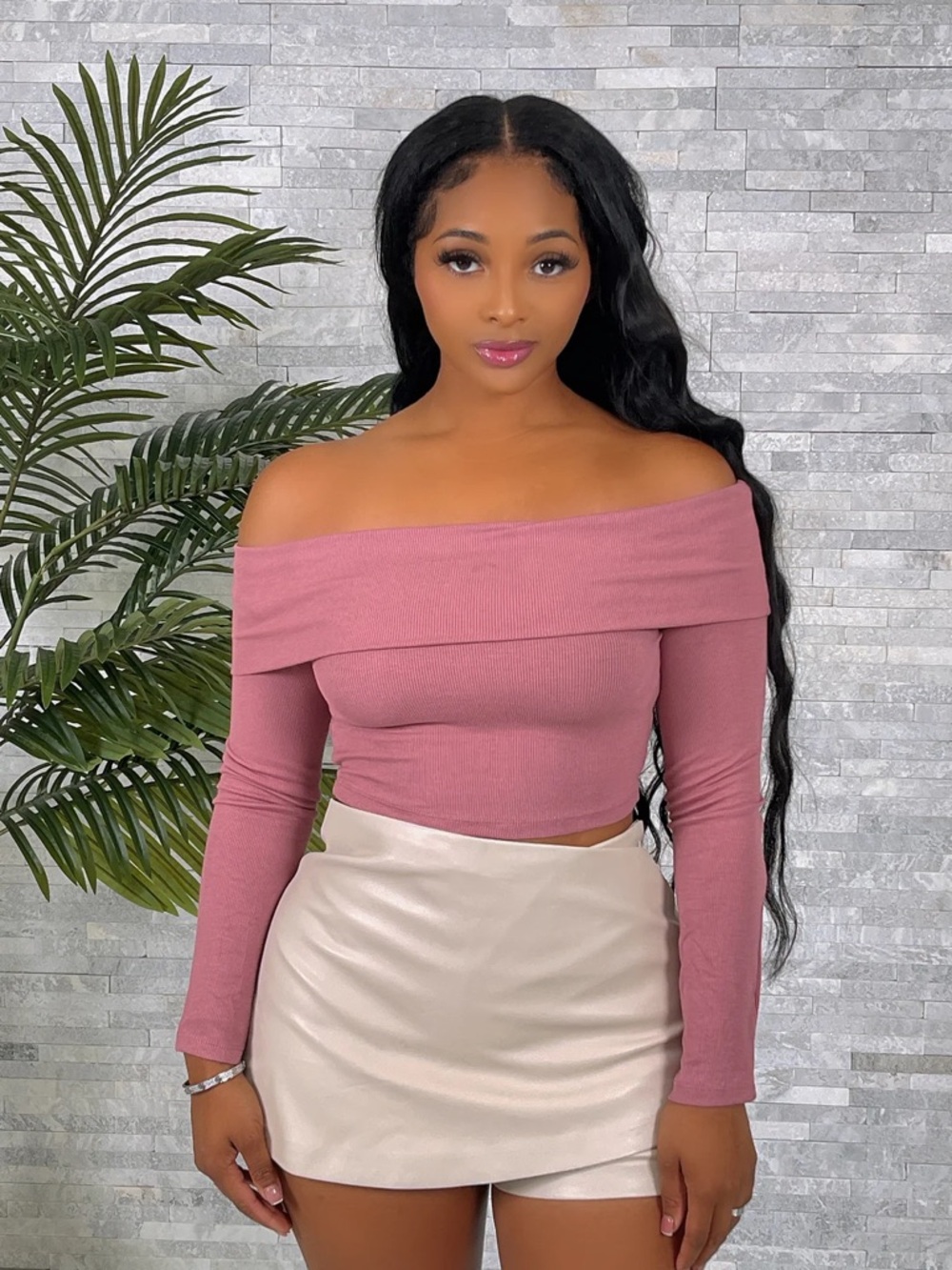 “Jolie” Off-Shoulder Long Sleeve Crop Top in Dusty Rose